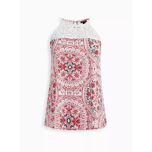 Torrid Red Ivory Knit Macramé High Neck Boho Print Tank Size 0 Large NWT - Picture 11 of 11